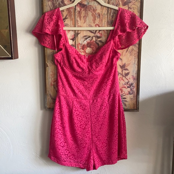 NWOT REVOLVE BY THE WAY. HOT PINK LACE ROMPER S - Picture 3 of 16
